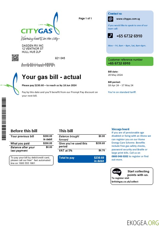 Modèle de facture de services publics de Singapore City Gas, entièrement modifiable aux formats PSD